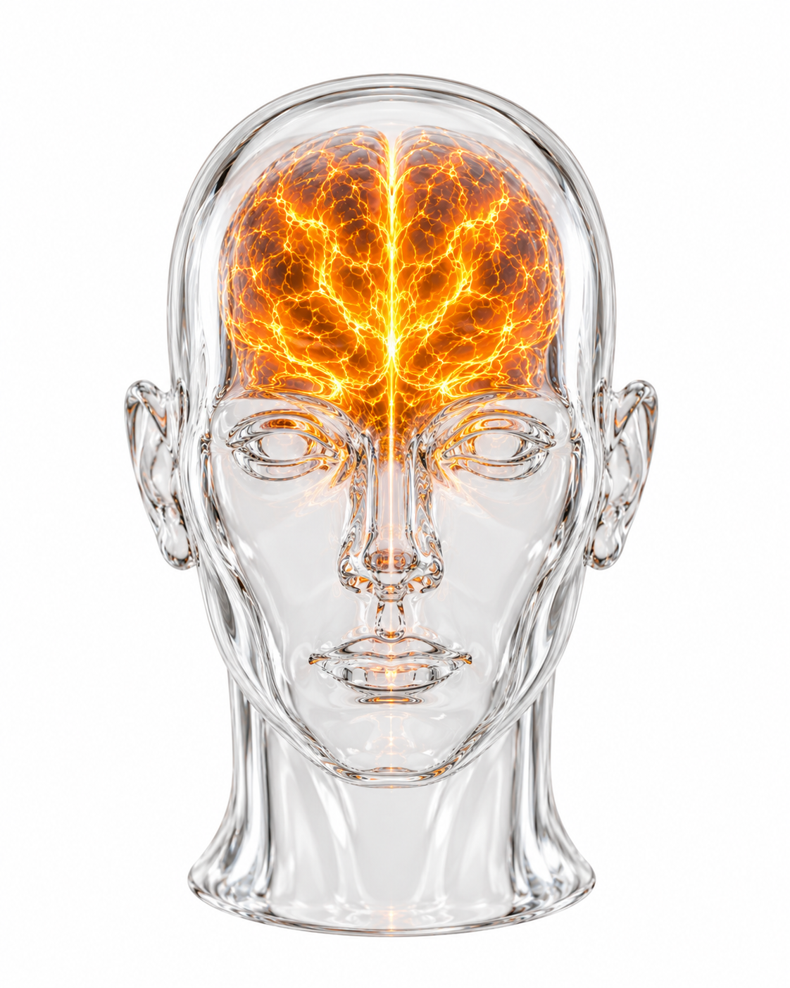 A clear glass human head with a luminous brain — the light of truth within the mind